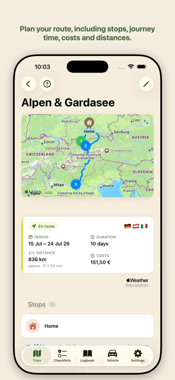 Route, costs and distance