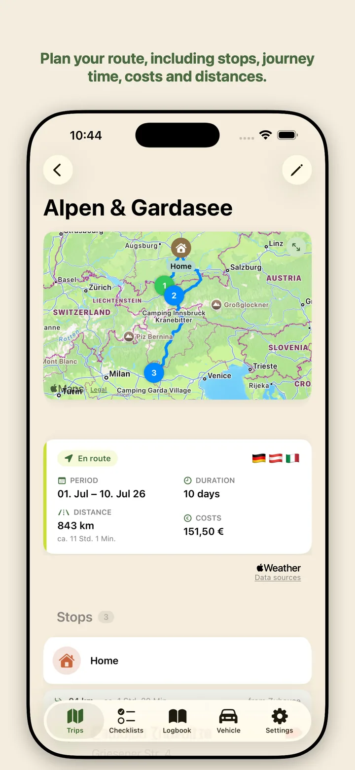 Route, costs and distance