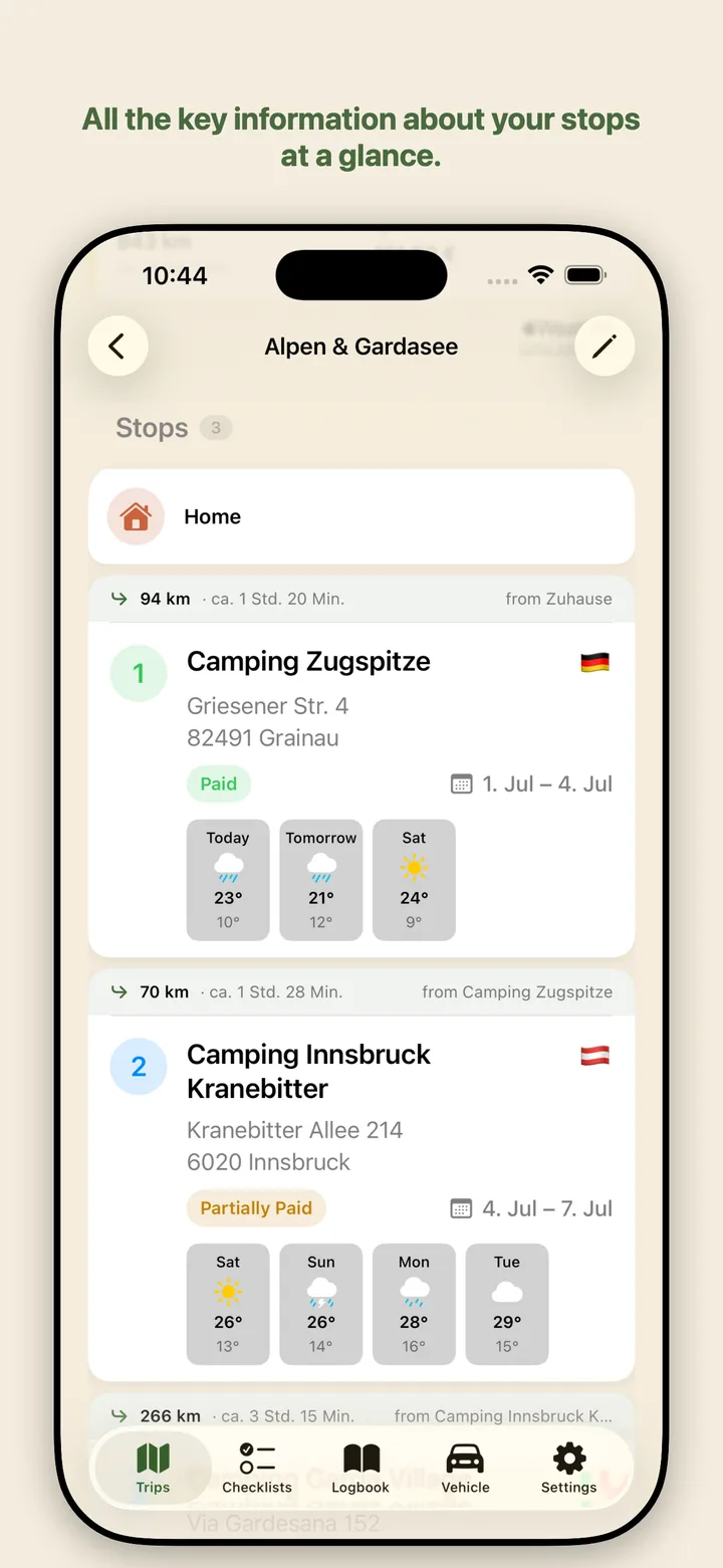 Stops with weather and info