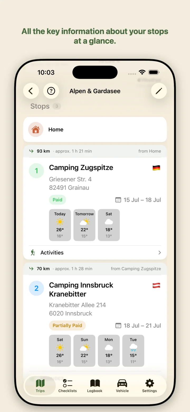 Stops with weather and info