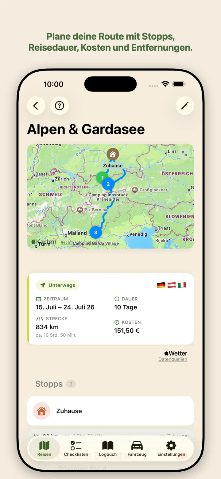 Route, Kosten und Strecke